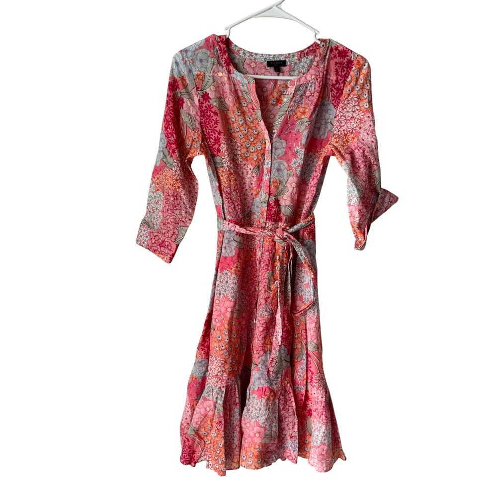 Talbots Petite Pink Floral Cotton Tiered Shirt Dress 2P Tie Waist 3/4 Sleeve